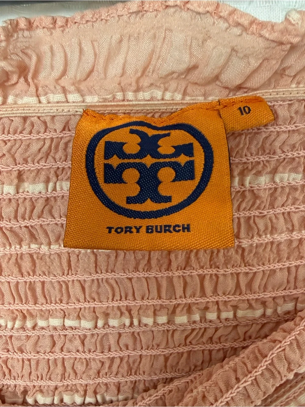 Tory Burch Pink Striped Silk Blend Smocked Off Shoulder Blouse Size 10